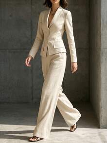 SHEIN Women's Fitted Minimalist Business Suit 2 Pieces Set - Khaki - View 5