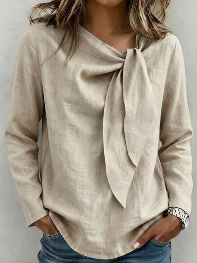 SHEIN Clasi Áo blouse nữ tay dài thắt nơ trước màu trơn phong cách thanh lịch