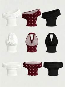 SHEIN MOD Paquete de 3 camisetas sin mangas asimétricas de un solo hombro con cuello halter para mujer - Multicolor - Ver 5
