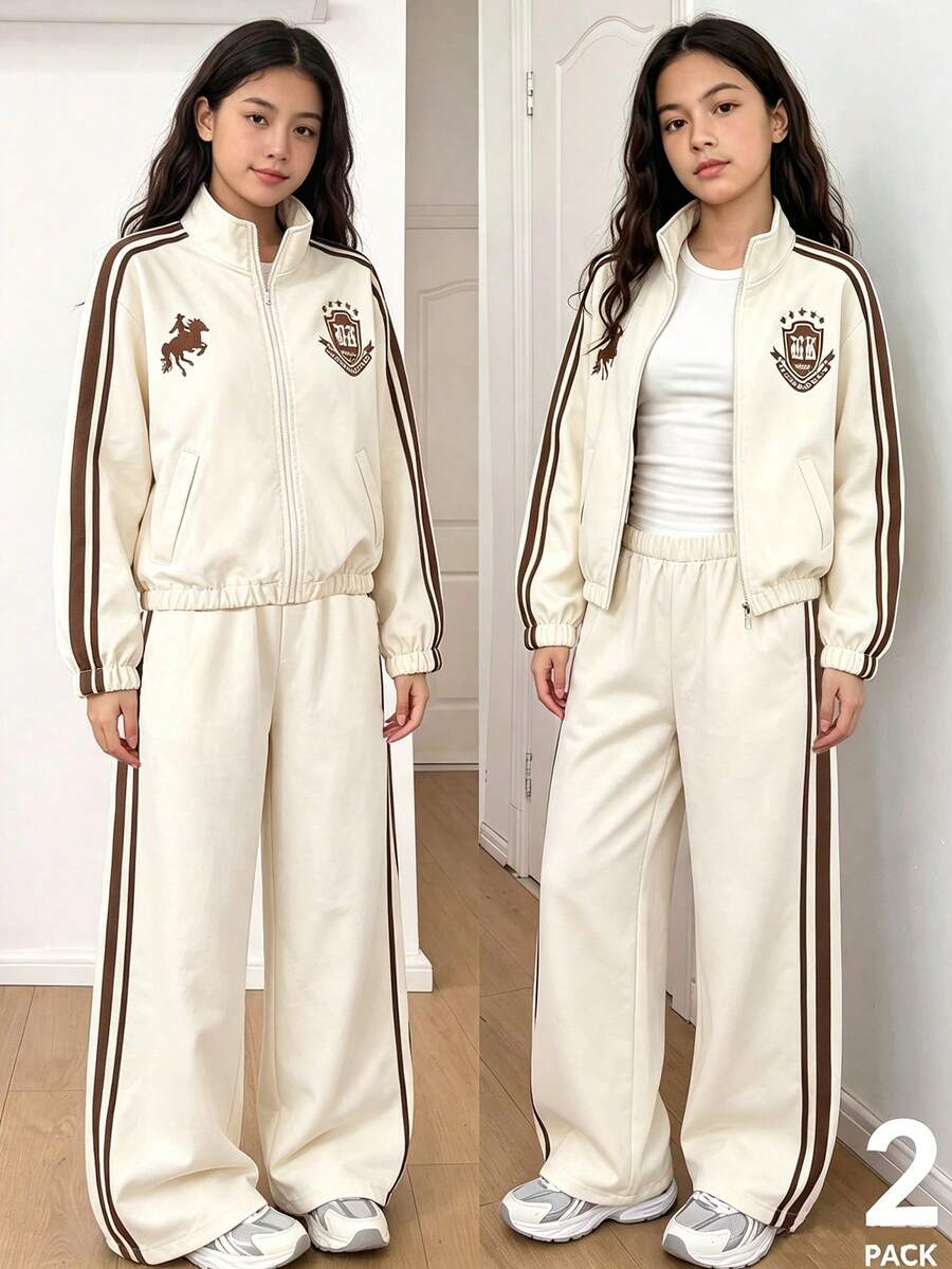 SHEIN 女童復古學院風日常通勤春秋撞色條紋立領拉鍊夾克外套與寬腿長褲2件套,加厚保暖內裡,適合秋冬穿著 - 杏色 - 查看 1