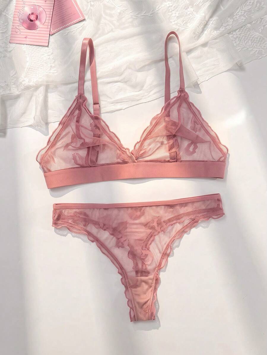 PetitDoll Set de 2 piezas con tanga y sujetador triangular de malla sin costuras con diseño de encaje en los labios (Conjunto de lencería) - Rosado Sandía - Ver 1
