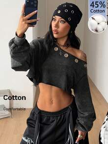 Coolane 女款性感短版不對稱單肩街頭風運動衫 - 黑色 - 查看 3