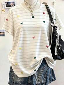 Teen Girls Striped Pattern Short Sleeve T-Shirt, Casual & Comfortable For Spring/Summer - Multicolor - View 3