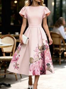EMERY ROSE Lady's Elegant Summer Leaf-Patterned Short-Sleeved Dress With Pink Print - Suitable For Parties, Weddings And Afternoon Tea. Long Dress - Pink - View 4