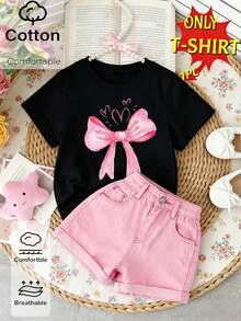 Girls' Fashionable Fresh Minimalist Pink Bow Print Basic Cotton Short T-Shirt, Comfortable Daily Wear Black Top - Black - View 4