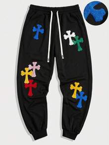 ROMWE MEN Goth Pantalones de chándal con patrón de bordado de cruz para hombres - Negro - Ver 1