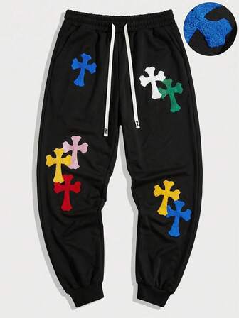 Goth Pantalones de chándal con patrón de bordado de cruz para hombres