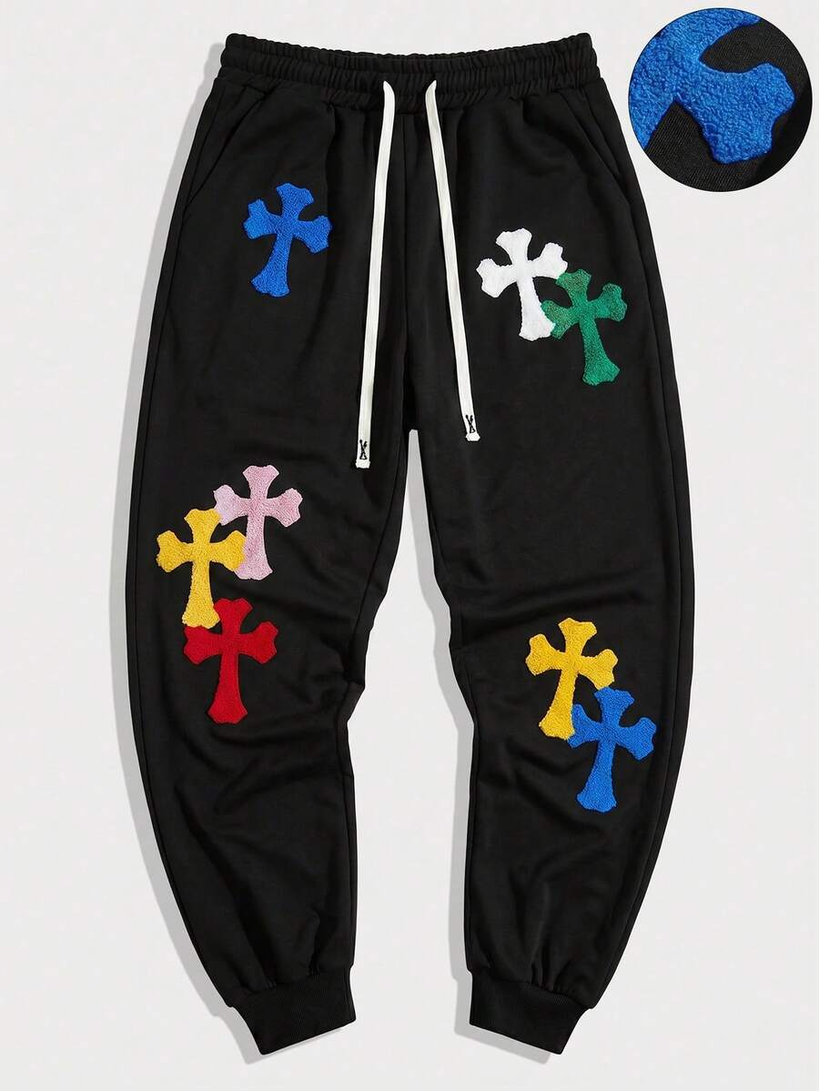 ROMWE MEN Goth Pantalones de chándal con patrón de bordado de cruz para hombres - Negro - Ver 1