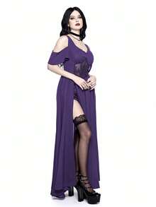 ROMWE Goth 哥特式刺绣镂空深V领露肩高开衩女式连衣裙 - 紫色 - 查看 5