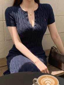 DAZY Pattern Embroidered Fitted Ruffle Trim Short Sleeve Dress Casual Vacation Old Money Elegant Spring Autumn Women's Sweater Dress - Blue - View 1