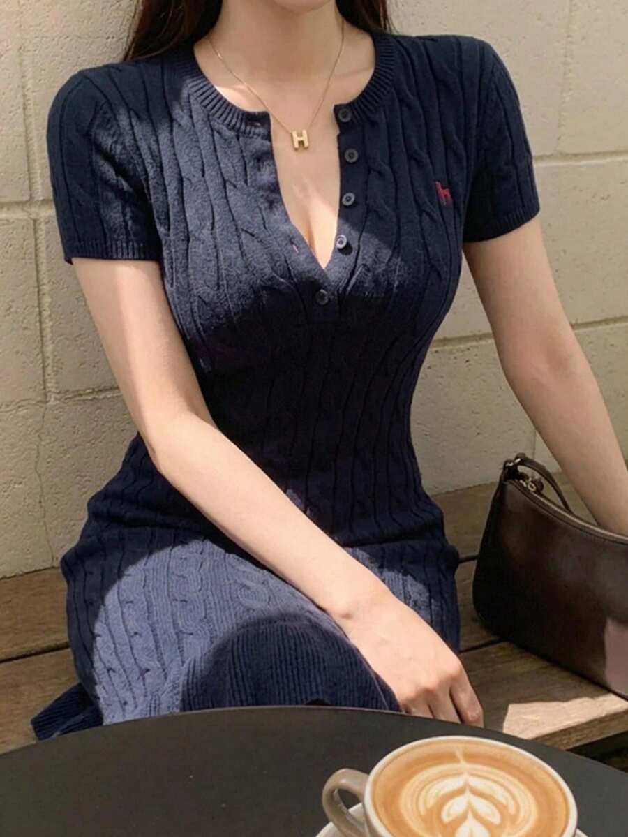 DAZY Pattern Embroidered Fitted Ruffle Trim Short Sleeve Dress Casual Vacation Old Money Elegant Spring Autumn Women's Sweater Dress - Blue - View 1