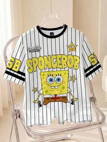 SpongeBob SquarePants | SHEIN 男士字母卡通印花休闲圆领短袖T恤 - 白色 - 查看 1