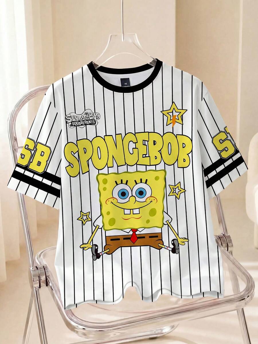 SpongeBob SquarePants | SHEIN 男士字母卡通印花休闲圆领短袖T恤 - 白色 - 查看 1