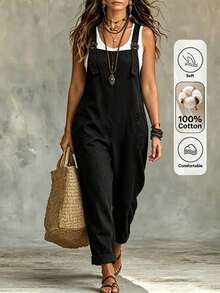Linhara CURVE Plus Size Women's Solid Color Loose Jumpsuit , Fashionable And Comfortable Bib Jumpsuit ,Suitable For Vacation & Daily Wear, Spring/Summer,Cotton Jumpsuit - Black - View 1