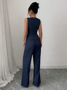 Elenzga Women's Elegant Sleeveless Blazer Vest And Pants Suit Set, Business/Commute Style, Summer - Navy Blue - View 2
