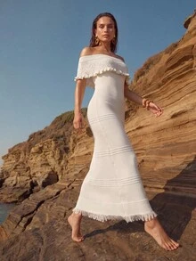 Swim Chiccia 女款修身露肩荷葉邊針織洋裝，貼身顯身材流蘇設計，純色優雅長洋裝 - 杏色 - 查看 3