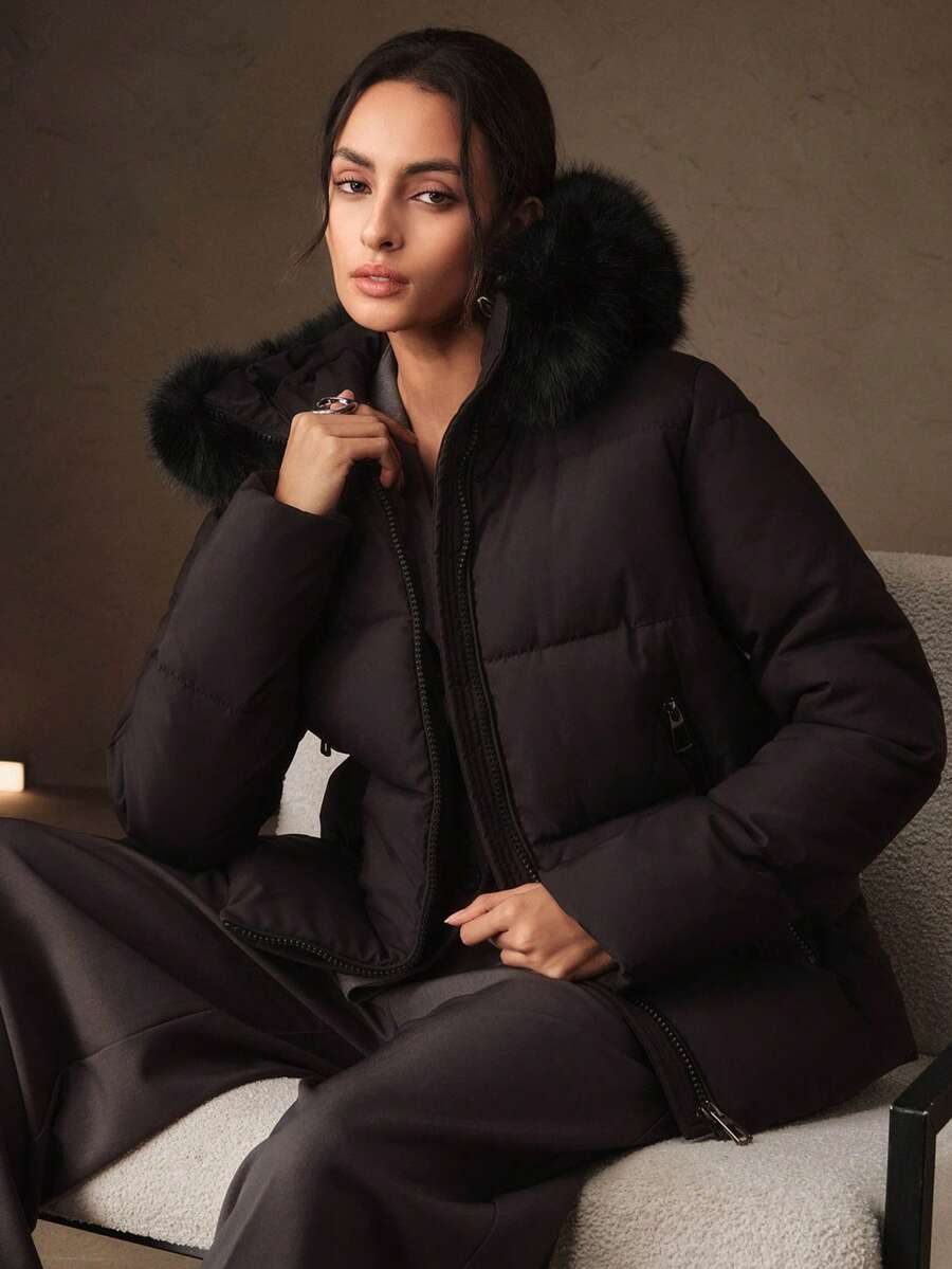 Anewsta Winter Short Fur Collar Cotton Padded Coat - Black - View 1