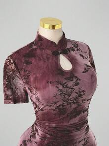 Sunspun Women's Flocked Print Chinese Style Cheongsam Short Dress, High Side Slit Hem, Water Drop Hollow Out Sexy Design Winter - Burgundy - View 6