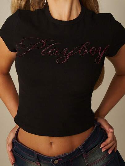 Missguided x Playboy 라인스톤 스크립트 로고 크롭 슬림핏 티셔츠 블랙 크루넥 캡슬리브 피팅 탑