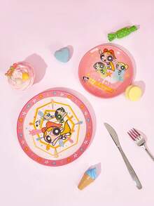 THE POWERPUFF GIRLS X Joivida 1 pieza Plato de cena de cerámica rosa X Joivida, diseño de dibujos animados divertido, perfecto para el hogar, la cocina, como plato para aperitivos, dulces, postres, pasteles, frutas, ideal para la familia, fiestas, picnics, bodas, un regalo divertido para los fans - Multicolor - Ver 4