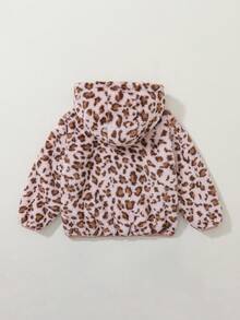 Maija Kids Maija Kids 1件少女可愛休閒精緻舒適粉色毛絨豹紋連帽外套，適合返校、外出、休閒活動、派對，適用秋冬 - 粉色 - 查看 3