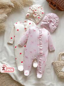 SHEIN Vintaside Kids 秋冬新生兒蝴蝶結印花可愛嬰兒連身衣 + 帽子 - 彩色 - 查看 4