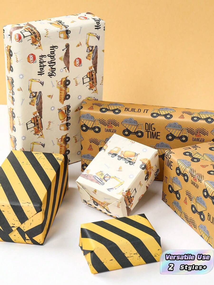 3/6 PCS Sheets Construction Vehicle Theme Gift Wrapping Paper For Birthday Party Decoration Supplies Gift Baskets Flower Bouquets Crafts Manual Covers Construction Favors Versatile Decorative - Engineering Vehicles - View 1