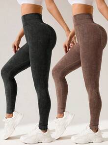 SHEIN Velisys Seamless Double Waist Combo Pack (Black + Brown) Long Pants With Pockets - Multicolor - View 2