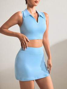 SHEIN 女款純色短版背心與口袋運動裙褲套裝 - 藍色 - 查看 5