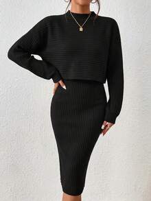 Cotton Women's Stand Collar Ribbed Top And Skirt Set - Black - View 4