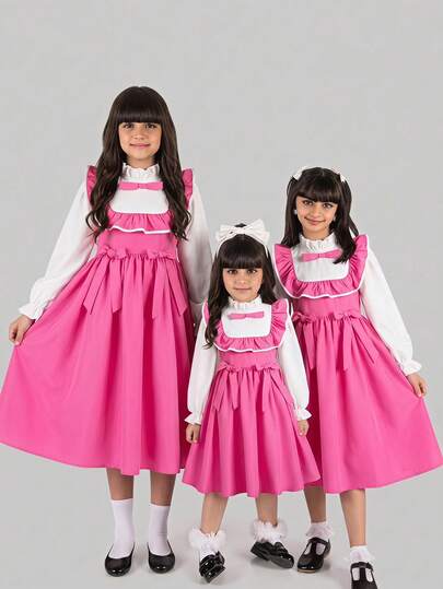 SHEIN Gaun Kasual Anak Perempuan Remaja untuk Kuliah Sehari-hari, Serbaguna, Nyaman, Motif Patchwork dengan Kerah Kontras Warna, Cocok untuk Kembali ke Sekolah Musim Gugur/Dingin