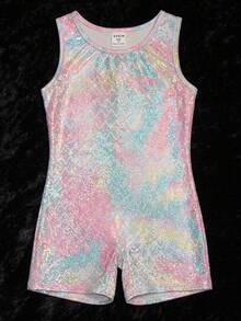 SHEIN 女童圓領無袖修身連身體操服，高彈性亮面紋理面料，貼身設計防止走光，適合運動、體操與舞蹈比賽及日常訓練，四季皆宜 - 粉色 - 查看 8