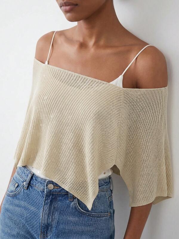 Maija Women's Elegant Beige Bohemian Off-The-Shoulder Cover-Up,Asymmetrical Hem Loose Knit Pullover For Summer,Vacation,Holiday,Beach,Bikini,Music Festival