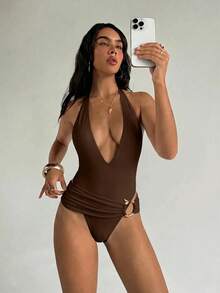 Aloruh Women's Summer Brown Elegant Sexy Beach Partywear Deep V Neck Halter Tie Hollow Backless Wrap Snake Decor Vacation Outfit Fashionable Swimsuit Set - Brown - View 5
