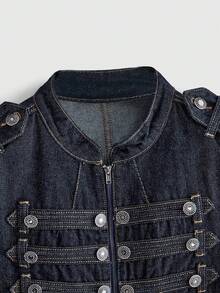ROMWE Grunge Punk Nautical Punk Vintage Metal Buckle Distressed Washed Denim Lightweight Jacket - Dark Wash - View 3