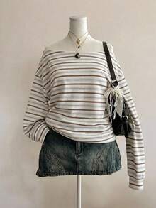 SHEIN EZwear Casual Minimalist Style Asymmetrical Striped All-Over Print Women's Loose Fit Asymmetrical Shoulder Sweatshirt, Suitable For Spring And Summer - Multicolor - View 7