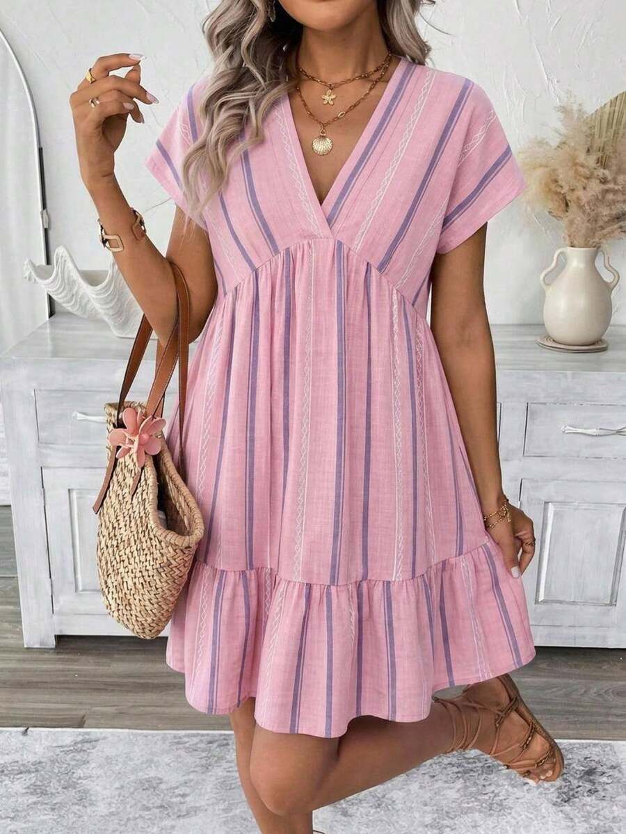 SHEIN LUNE Pink And White Striped Print V-Neck Women's Short Dress Beach Vacation Summer Boho Jamican Sexy - Multicolor - View 1