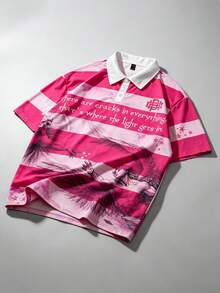 ROMWE MEN Prep 2026 男士休閒短袖 Polo T恤，學院風印花條紋上衣 - 彩色 - 查看 1