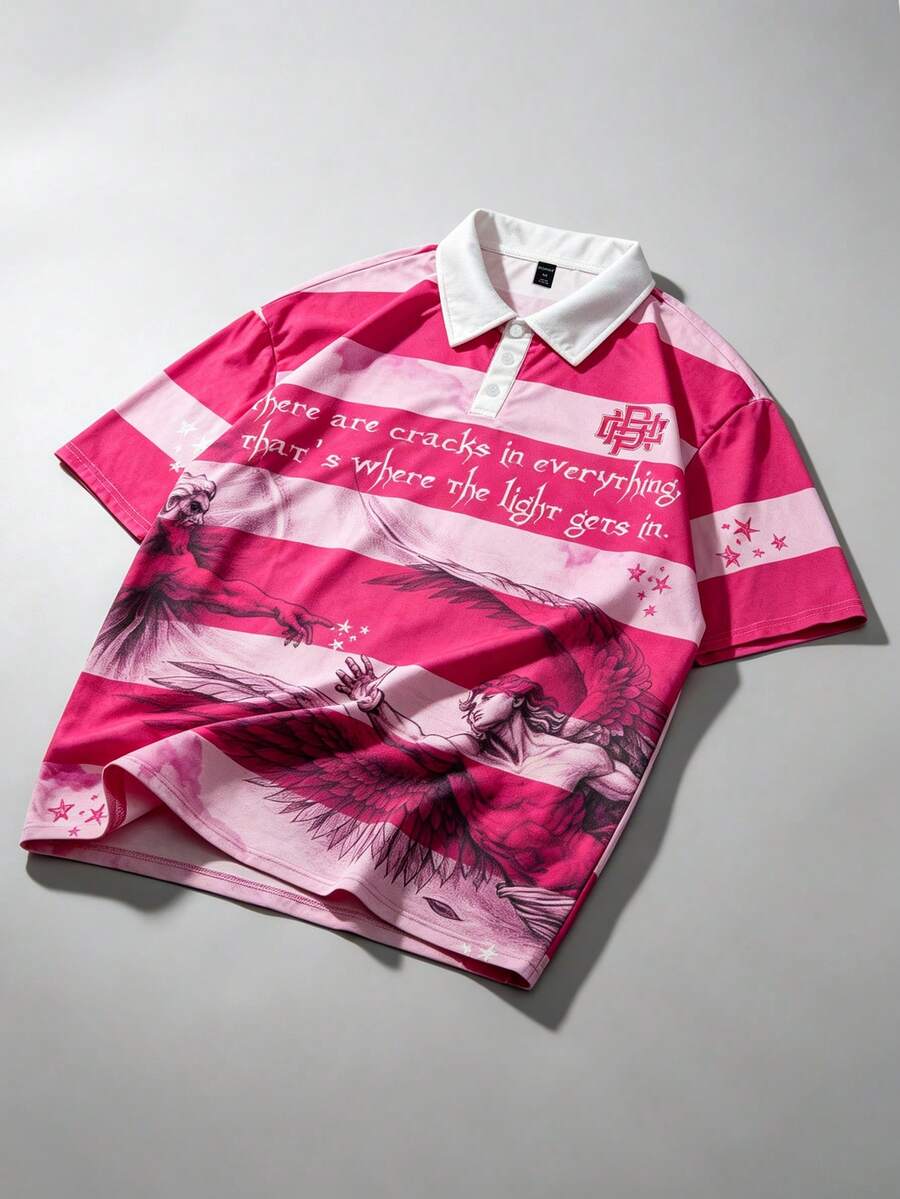 ROMWE MEN Prep 2026 男士休閒短袖 Polo T恤,學院風印花條紋上衣 - 彩色 - 查看 1