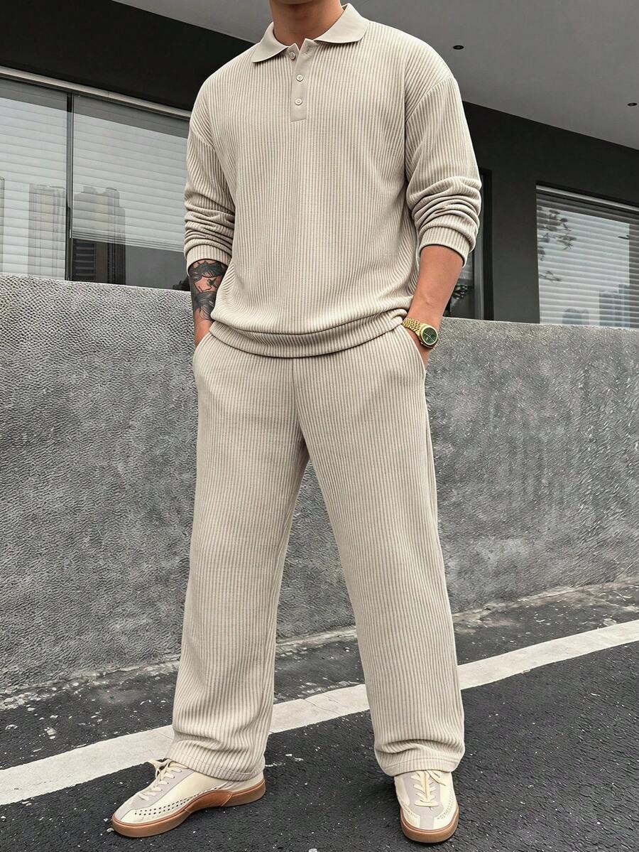 DAZY Summer Solid Color Textured Fabric Elastic Waist Men's T-Shirt Set - Beige - View 1