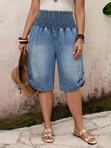 EMERY ROSE EMERY ROSE Jeans de Mezclilla con Cintura Fruncida Casual de Verano Talla Grande - Azul - Ver 5