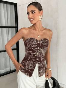Lavishia 女款優雅度假風波西米亞刺繡串珠抹胸上衣 - 棕色 - 查看 4