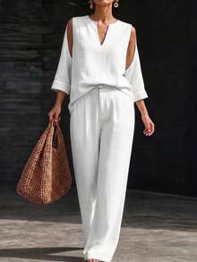 EMERY ROSE Plus Size Simple Cotton Solid Color V-Neck Asymmetrical Sleeve Top And Wide Leg Pants 2-Piece Set Fall - White - View 3