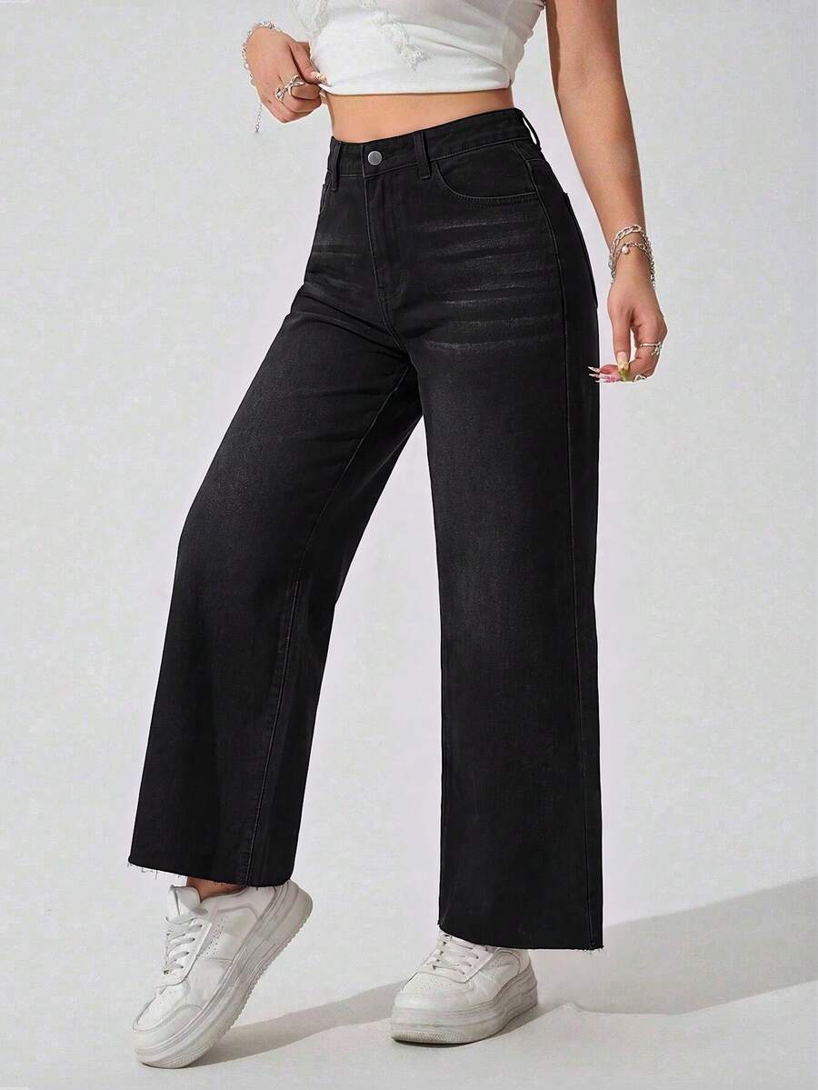 SHEIN ICON 女款大尺碼直筒牛仔褲，附口袋、鈕扣與毛邊褲腳 - 黑色 - 查看 1