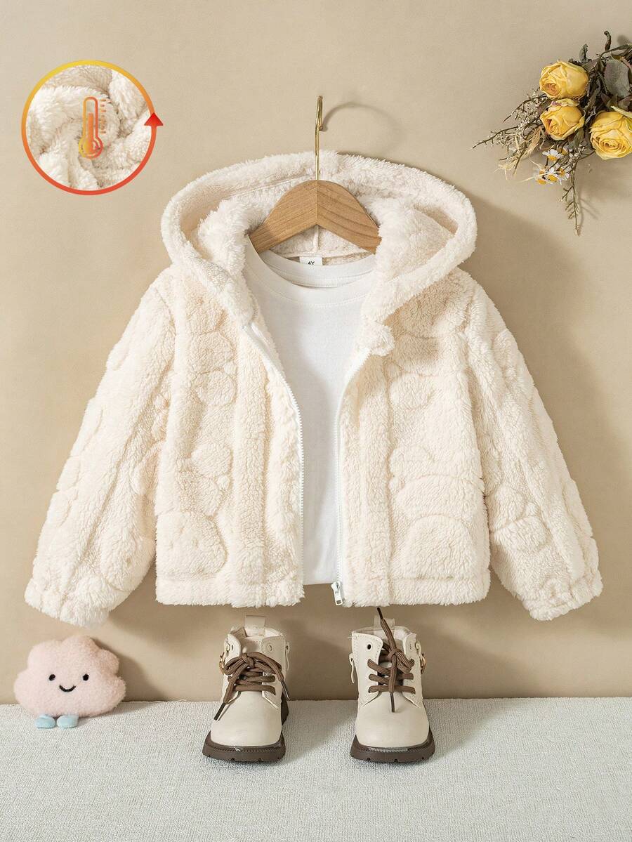SHEIN 女童秋冬休閒粉色毛絨外套，前拉鍊設計，緹花愛心與條紋圖案，可愛連帽款