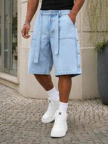 Manfinity EZcore Men Plus Size Casual Wide Leg Denim Shorts With Multi-Buckle Belt, Street Fashion - Light Wash - View 1