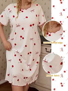 CottageSlumber Plus Size Women's Frill Trim Ribbed Knit Cherry Print Nightgown - White - View 2