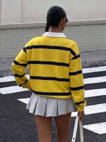 Muchica 休閒學院風黃色與海軍藍條紋印花馬標女款 Polo 領長袖寬鬆衛衣，適合秋冬穿著 - 彩色 - 查看 2