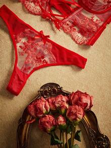 PinupPomp 2pcs Set Lingerie Jala Bordir Transparan Merah Klasik Wanita untuk Pengantin, Cocok untuk Acara Musim Panas dan Tamu Pernikahan - Merah - View 4