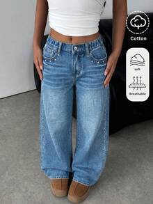 SHEIN Tween女孩女童寬鬆鉚釘藍色牛仔長褲，萬聖節世界盃畢業季休閒開學穿搭，適合夏季冬季秋季 - 中等水洗藍 - 查看 7